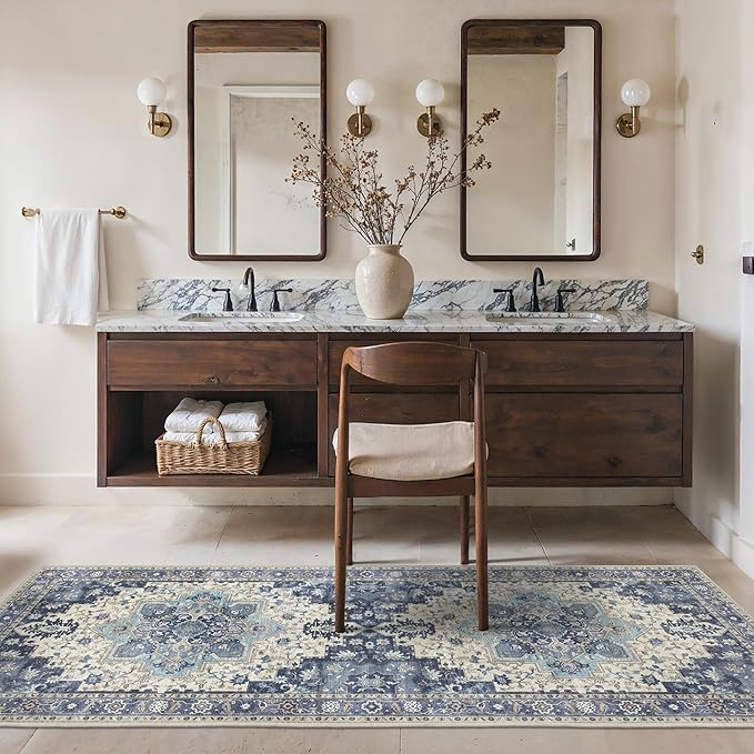 BESBLEE 2'6''x6 Runner Rugs for Hallway, Machine Washable Non Slip Vintage Rugs, Low Pile Lightweight Soft Print Rug for enrtyway, Corridor, Home Office, Kitchen, Center Blue