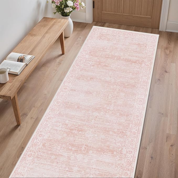 GENIMO 2'6''x6 Runner Rug,Machine Washable Non-Slip Vintage Rugs,Low Pile Lightweight Carpet for Bedroom,Hallway,Entryway,Kitchen,Bathroom,Pink