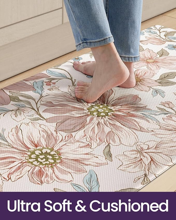DEXI Kitchen Mats for Floor 2 Piece Set, 17x29+17x59, Cushioned Standing Mat Anti Fatigue, Waterproof Comfort Floral Padded for Laundry Room Office, Pink