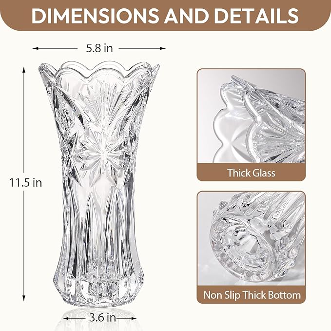 JASVIC 12 Inch Crystal Vases for Flowers, Starburst Design Glass Flower Vase, Elegant Modern Decorative Vase for Living Room Dining Table Office Centerpiece, Wedding
