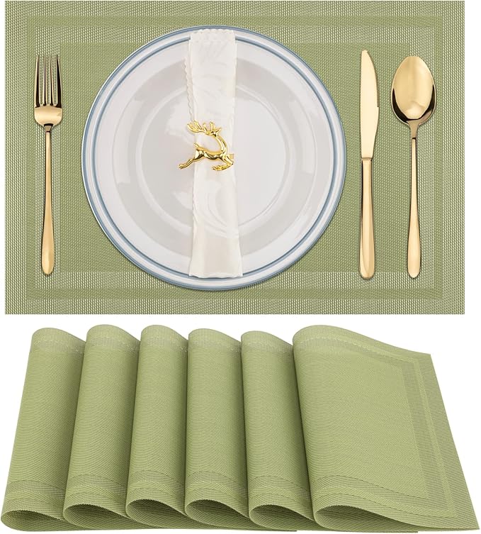 Winknowl Placemats Set of 6，Heat Resistant Woven Vinyl Washable PVC Place Mats，Non-Slip Stain Resistant Indoor/Outdoor Table Mats for Dining Table (Green)