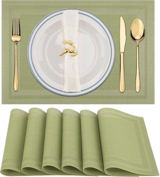Winknowl Placemats Set of 6，Heat Resistant Woven Vinyl Washable PVC Place Mats，Non-Slip Stain Resistant Indoor/Outdoor Table Mats for Dining Table (Green)