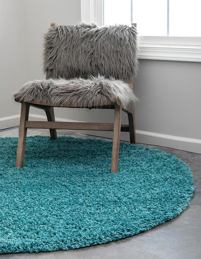 Unique Loom Solid Shag Collection Area Rug (4' 1" Round, Deep Aqua Blue)