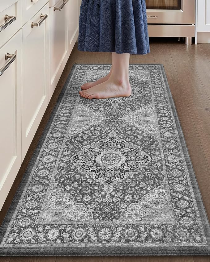 Color&Geometry Anti Fatigue Kitchen Mats for Floor 24x59, Vintage Decor, Easy Clean, Waterproof & Oil Proof, 0.4" Thick Cushioned, Non-Slip Kitchen Runner Rug for Sink, Laundry, Office, Grey