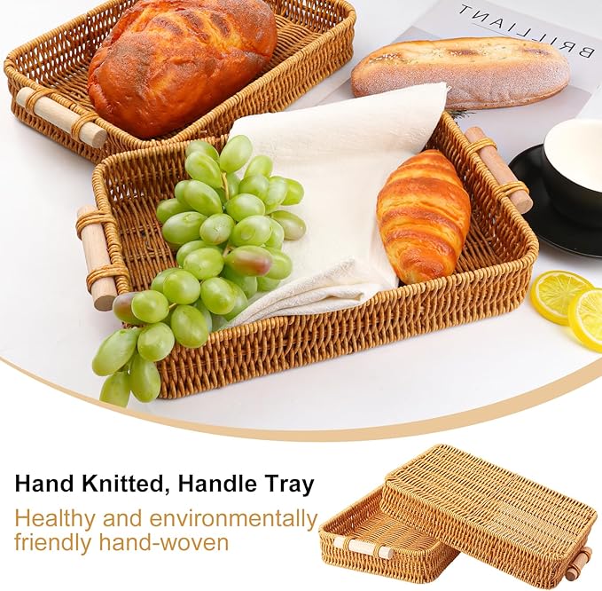 5 Pack 11.8 x 7.8 inch Rectangle Rattan Tray, Rectangle Woven Serving Basket with Handles, Storage Rattan Serving Trays for Home, Restaurant & Hotel Use, Durable & Easy-Cleaning