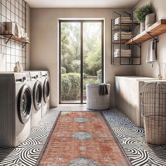 Beverly Rug Non Slip Rugs 2x7 Boho Medallion Floral Non Skid Rubber Backing Easy Silk Soft Runner Rug for Living Room Easy to Clean Non Shedding Kitchen Bedroom Indoor Carpet (2 x 7 Orange - Cream)