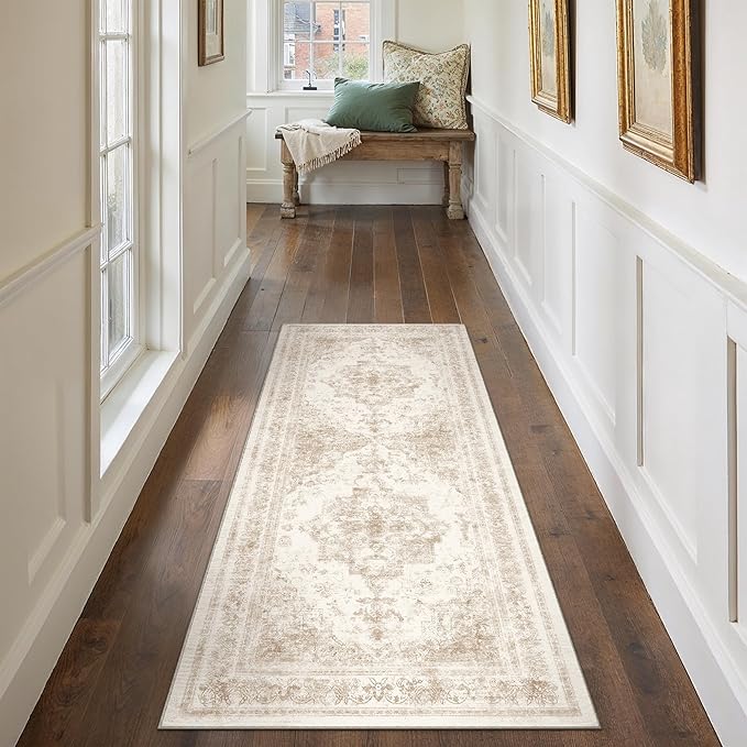 PureCozy Runner Rug 2x6 Cream Hallway Washable Beige Carpet Non Slip Vintage Medallion Beige Carpet Low Pile Soft Distressed Retro Indoor Long Rug for Entryway Kitchen Bathroom Laundry Bedroom