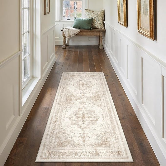 PureCozy Runner Rug 2x6 Cream Hallway Washable Beige Carpet Non Slip Vintage Medallion Beige Carpet Low Pile Soft Distressed Retro Indoor Long Rug for Entryway Kitchen Bathroom Laundry Bedroom