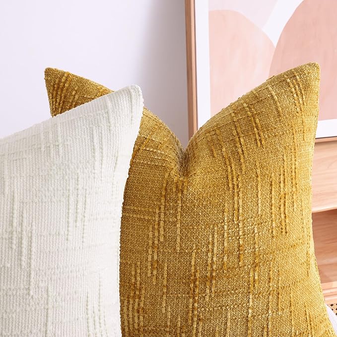 decorUhome Spring Cream White Chenille Throw Pillow Covers 16x16 Set of 2 Textured Slubby Couch Pillow Covers Farmhouse Accent Modern Neutral Decorative Pillow Cases for Bed Sofa Living Room