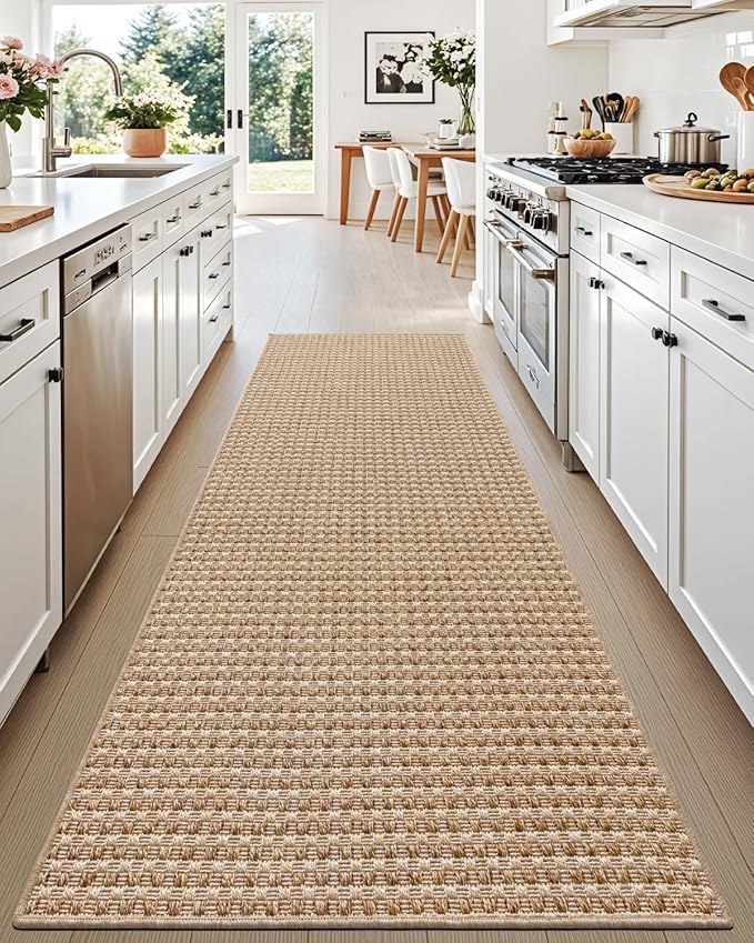 DEXI Hallway Runner Rug 3.3x6.7, Woven Braided Farmhouse Runner Carpet Indoor, Absorbent Thin Long Entryway Runners for Kitchen, Laundry Room, Patio Entrance, Checkered Beige