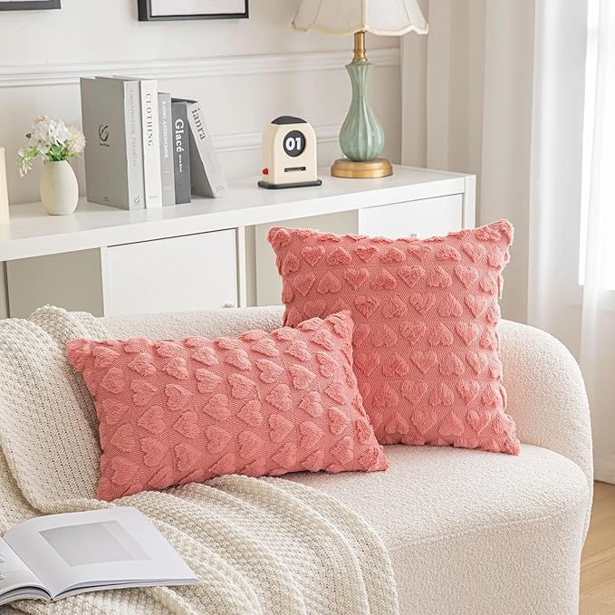 AQOTHES Set of 2 Heart Love Cute Coral Red Decorative Valentines Throw Pillow Covers 24x24, Soft Plush Faux Fur Pillow Covers for Couch Sofa Home Valentines Day Decoration