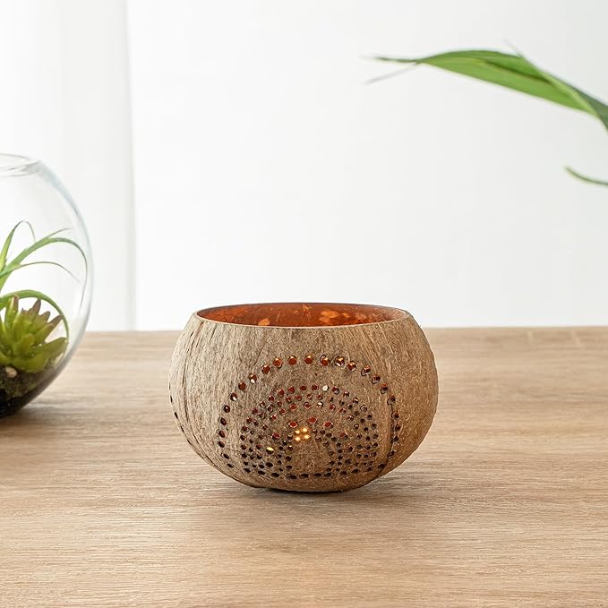 Restaurantware-Coco Casa 4 x 3.3 Inch Coconut Shell Candle Holders, 10 Reusable Tealight Holders - Candle Not Included, Rainbow Pattern, Tan Coconut Bowls For Candles, Handcrafted
