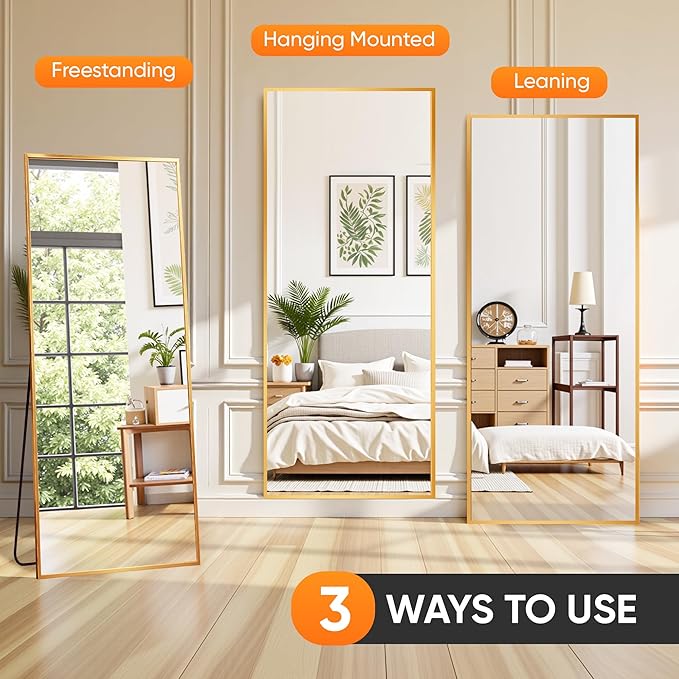 Suidia Full Length Mirror, 58"x18" Floor Standing Mirror Freestanding, Full Body Mirrors with Stand for Bedroom, Hanging Mounted for Living Room Cloakroom, Gold, Rectangular Style
