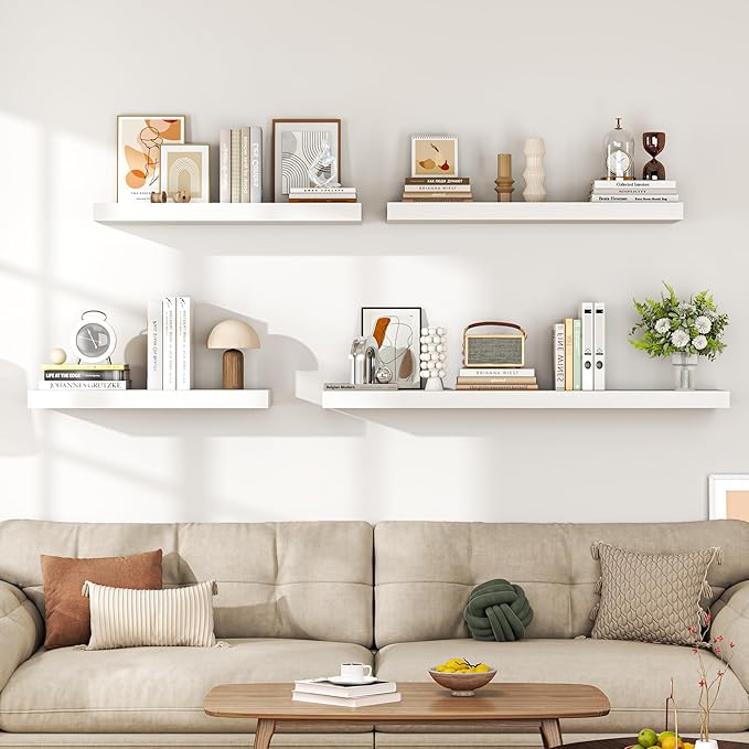 Dreamland 36" Floating Shelves for Wall, 12" Deep Thicker White Floating Shelves, Wall-Mounted Shelves for Bedroom, Living Room, Kitchen, Bathroom - Set of 2