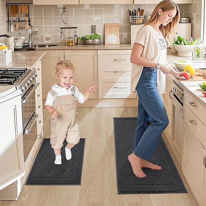 JSEI Non-Slip Kitchen Rugs, Self Adhesive No Sliding Kitchen Mats Set of 2, Soft Washable Absorbent Floor Mat for Kitchen, Bathroom, Laundry Room, Bedroom, 20”x32”+32”x48”, Dark Grey, Diamond Pattern