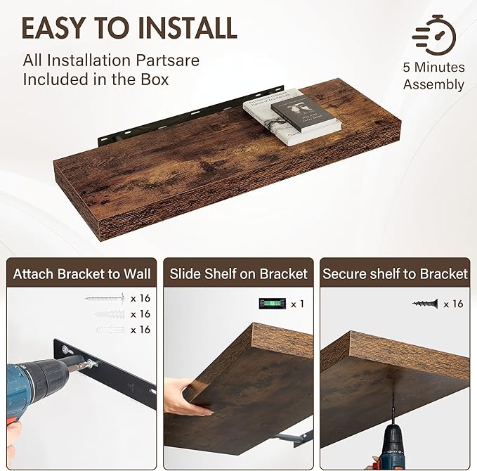 36 Inch Floating Shelves, 12" Deep Floating Shelf Wall Mounted, 36" Wall Shelves, Rustic Deep Bookshelf, Extra Deeper & Thicker Display Shelves for Bedroom, Living Room, Brown, Set of 2
