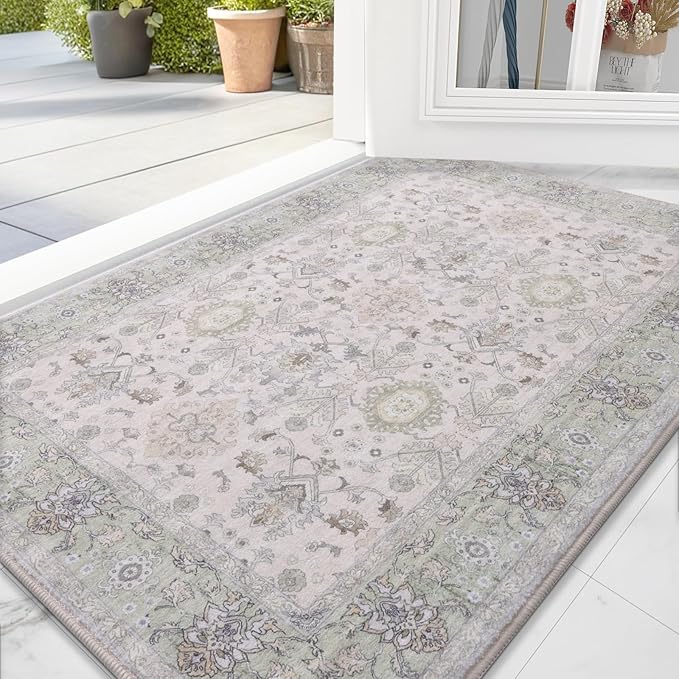 Vanmoos 2x3 Washable Area Rug – Soft, Non-Slip Entrance Rug, Durable Indoor Door mat, Floor Carpet for High-Traffic Areas, Entryway, Kitchen, and Bedside, Cozy Elegance/Green