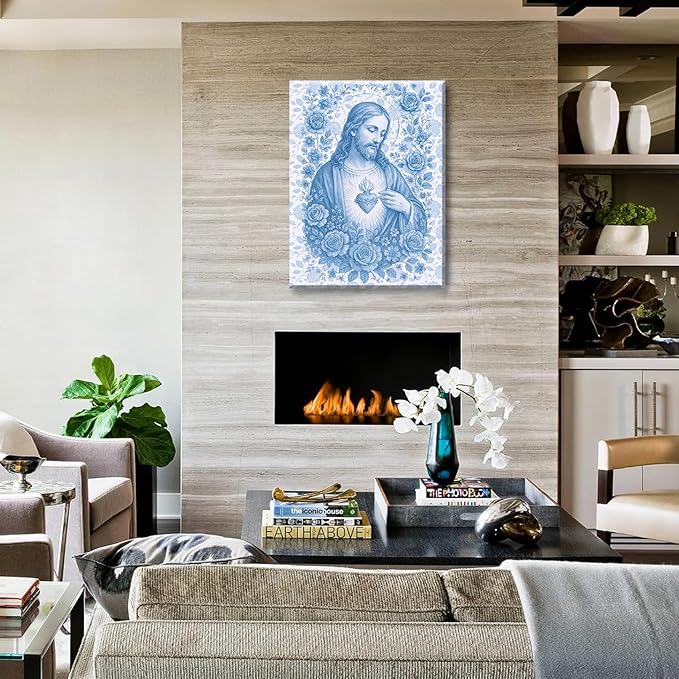 Blue Sacred Heart of Jesus Canvas Wall Art Divine Mercy Wall Decor Jesus Portrait Pictures Catholic Artwork Christian Religious Poster Prints for Bedroom Living Room Prayer Room Church 16x24in