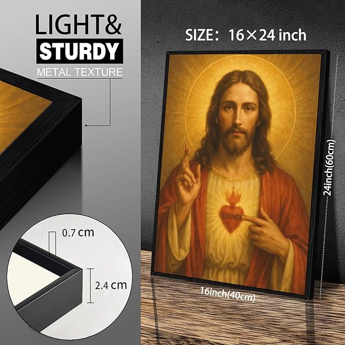 Framed Sacred Heart of Jesus Canvas Wall Art Divine Mercy Wall Decor Jesus Portrait Painting Christian Religious Artwork Catholic Poster Prints for Bedroom Living Room Prayer Room Church 16x24in