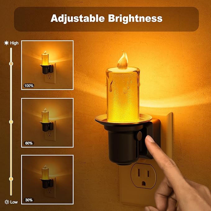 JandCase Night Lights Plug into Wall, 2 Pack Flameless Candle Night Light, 2000K Amber, Dusk to Dawn Sensor Nightlight, 0-100LM Dimmable Nightlight for Dinning Room, Living Room, Bathroom, Hallway