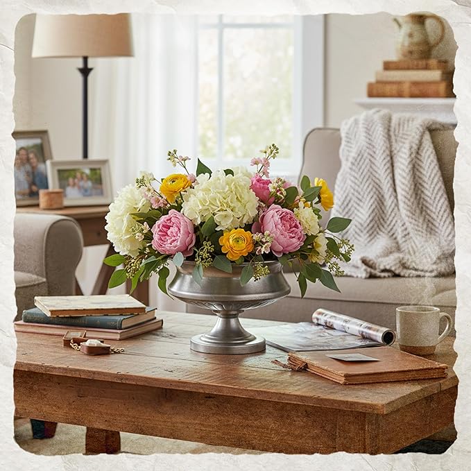WORTH Silver Color Urn Vase for Centerpieces Set of 2, 8" H. x 11.8" Dia. Metal Trumpet Small Flower Pots for Table, Bowl Vase for Wedding Party Event Home Decor