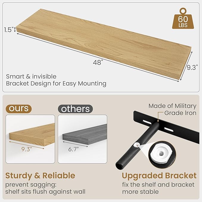 48"W x 9.3"D Floating Shelves for Wall, Wall Mounted Bathroom Shelves 1 Pack Deep Floating Shelf for Bedroom Kitchen Living Room, Rustic Wooden Wall Shelf with Invisible Bracket for Books Decor