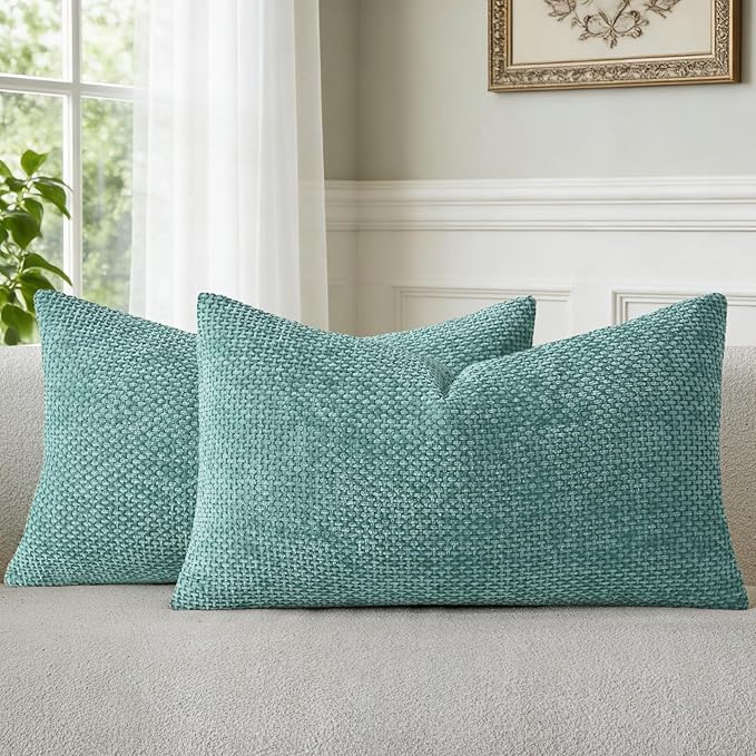 a moment Teal Chenille Throw Pillow Covers 12x20 Inch Pack of 2 Modern Decorative Throw Pillow Covers Farmhouse Cross Covers Home Decor for Sofa Bedroom Living Room