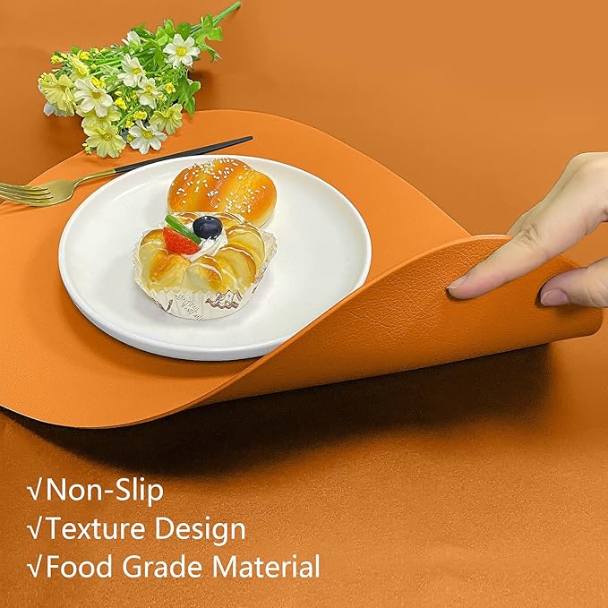 Herda Faux Leather Fall Placemats Set of 6 Wipeable Washable Place Mats for Round Table Non-Slip Table Mats for Kitchen Dining Patio Heat Resist Easy to Clean Orange Placemats