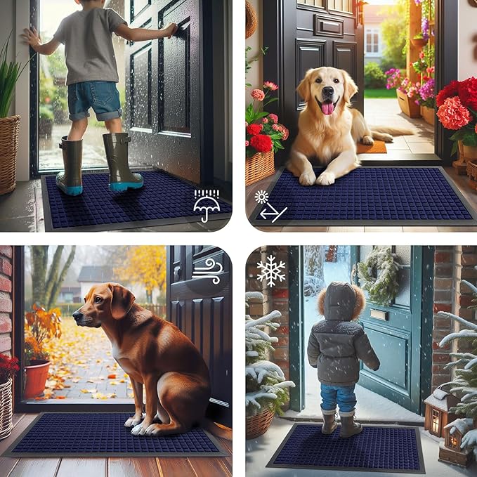 Smiry Front Door Mat Outside Entrance, Heavy Duty Natural Rubber Doormat, Non Slip, Trap Dirt and Moisture, Easy Clean, Low Profile Welcome Floor Mats for Indoor Outdoor Entry, 29.5x17 Inch, Navy Blue