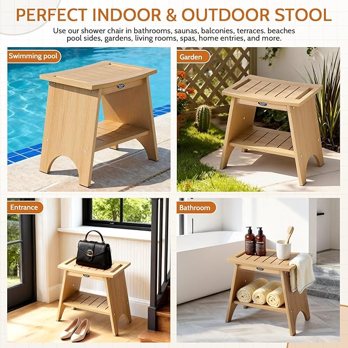 Shower Stool for Inside Shower, Shower Benches for Shaving Legs, 500lbs Shower Chair with Space-Efficient Storage Shelf, Waterproof Shower Seat for Spa Bathroom, Indoor or Outdoor Use(Teak Style)