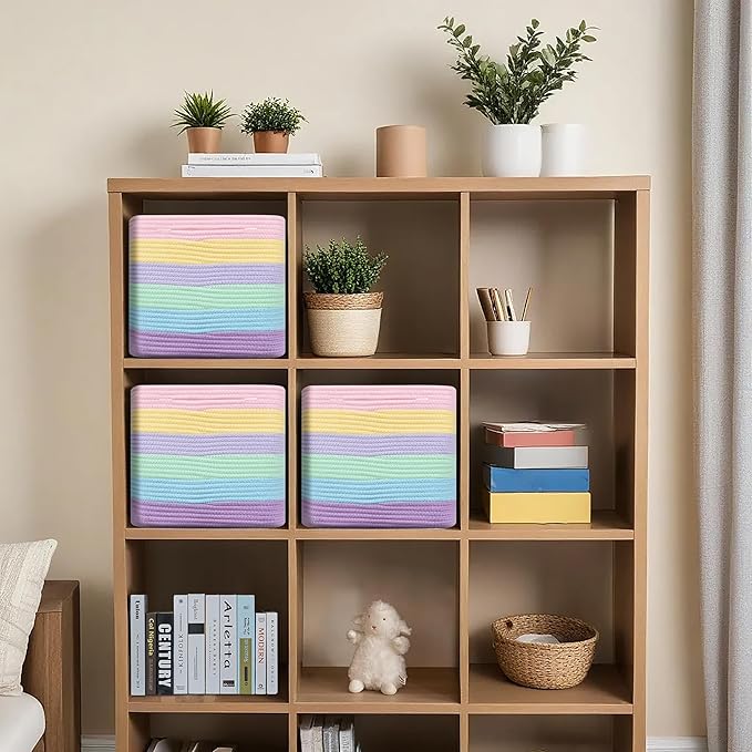 3 Pack Storage Cubes 11 Inch Cotton Rope Woven Baskets for Organizing Cube Bin Square Shelves Organizer,Classroom,Kids Toy Bins,Closet,Baby Nursery(Light Rainbow)