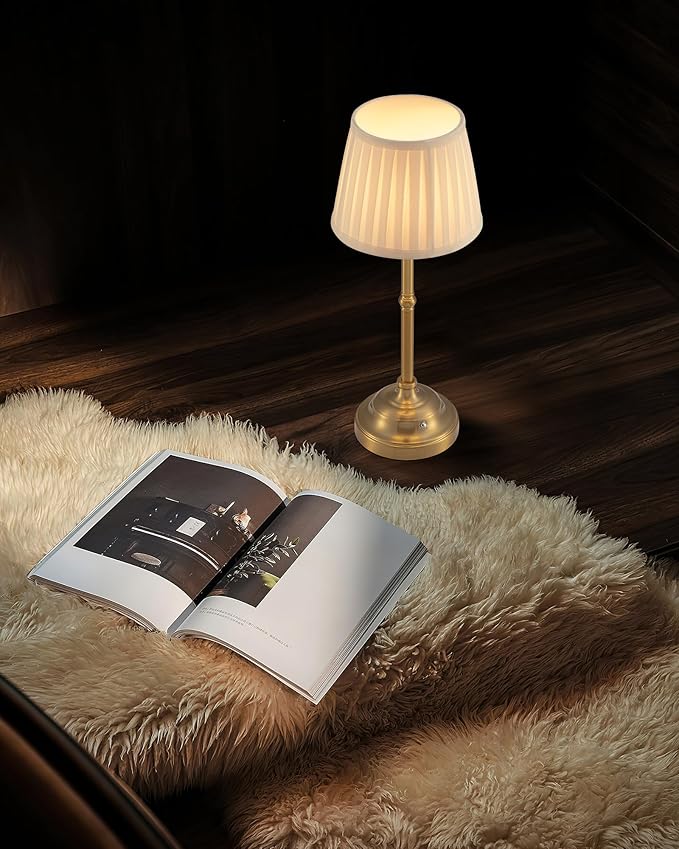 KDG Cordless LED Table Lamp Set of 2, Portables Fabric Shade Desk Lamps, 4000mAh Rechargeable Battery Powered Lighting, Dimmable Light for Dining Room, Bedroom, Bedside, Night Light, Balcony (Bronze)