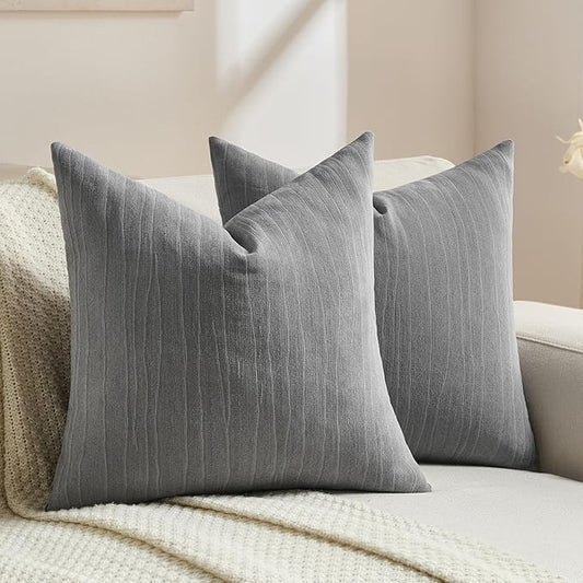 FUTEI Dark Grey Chenille Decorative Throw Pillow Covers 22x22 Inch Set of 2,Soft Crushed Striped Texture Cushion Case,Modern Home Decor for Couch Bed Living Room
