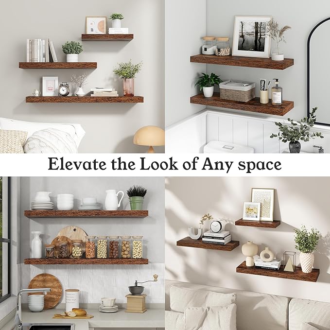 Floating Shelves for Wall, 9.3" Deep Wall Mounted Wood Shelves for Bathroom, Bedroom, Living Room, Kitchen, Hanging Shelf for Books/Storage/Room Decor (Brown, 24")