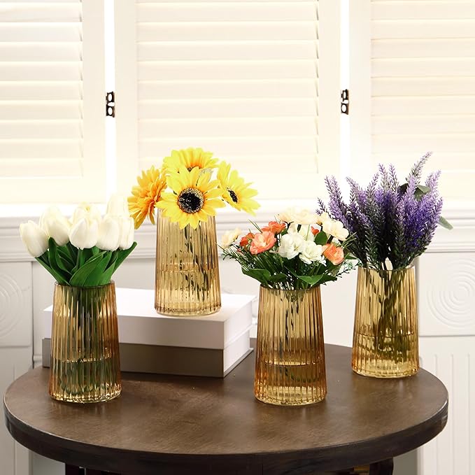 Amber Glass Vases Set of 4, Small Vases for Flowers, Flower Vase for Bouquet, Modern Ribbed Glass Vase for Living Room, Bedroom, Dining Table, Office, Wedding, Centerpieces
