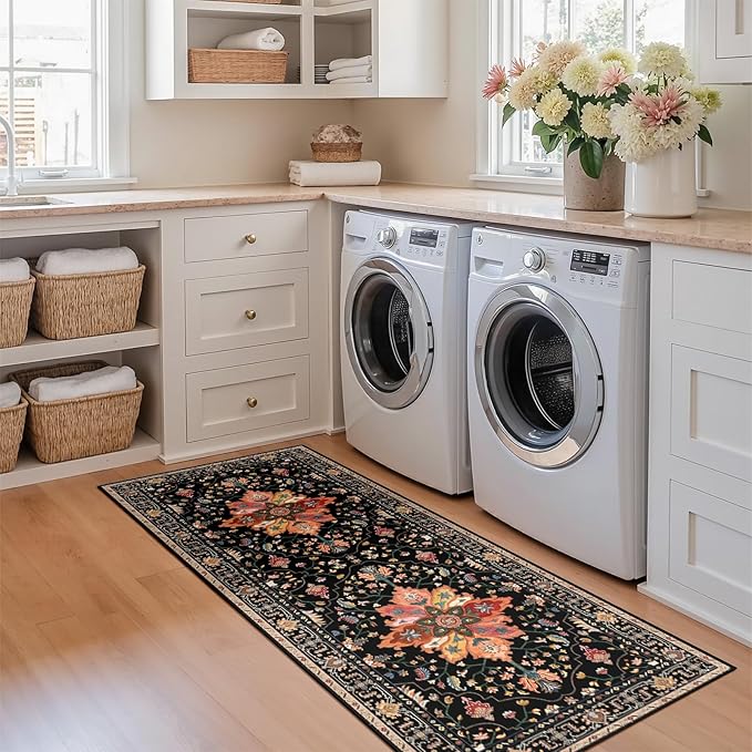 RELEANY Area Rugs 2'x6' Washable Non-Slip, Floral Vintage Distress Print Pattern Medallion Carpet for Living Room Bedroom Dining Room, Black Colorful Floral Dark Tan
