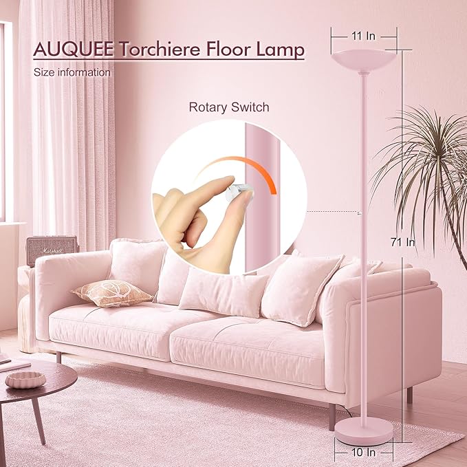 30W Pink Torchiere Floor Lamp, 3600LM Super Bright LED Pole Lamp, 71Inch Tall Stepless Dimmable Torch Lamp, 1Inch Thick Metal Tube, Rotary Switch, Modern Standing Lamp for Living Room/Bedroom/Office