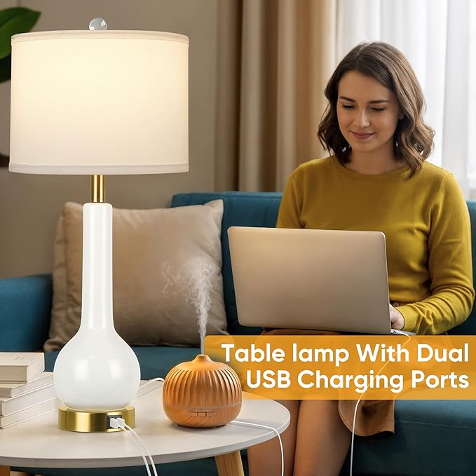 ROTTOGOON 27.5'' Tall Ceramic Table Lamp Set of 2 for Living Room, 3 Color Temperatures Bedroom Lamps with 2 USB Ports, Modern White Bedside Lamps for Night Stands (Bulbs Included)