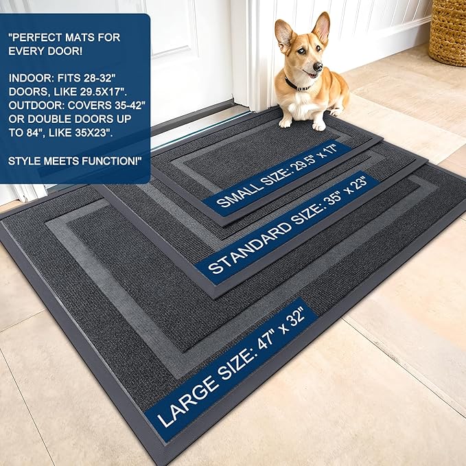 OLANLY Front Door Mat Indoor Outdoor Entrance, Waterproof All-Season, All-Weather Doormat, Sturdy Natural Rubber, Fade Resistant, Low Profile, Easy Clean Patio Porch Entryway Mat, 59x23, Grey