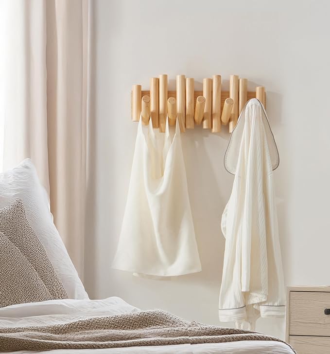 Wooden Wall mounted wood coat rack | 15 inches long , 6.5" high, with 5 Flip-Down Hooks | Modern Natural Pine Wood Finish | Decorative Hanging Storage Wall Hooks for Entryway or Bedroom