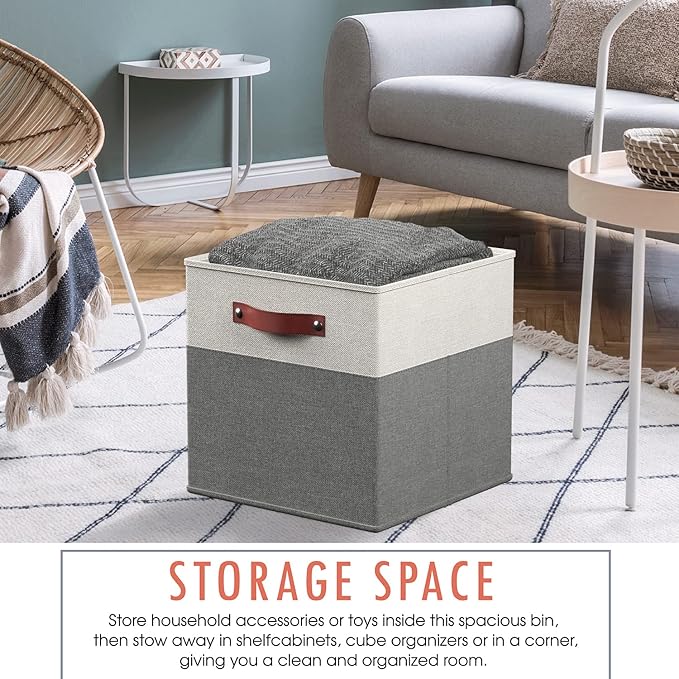 Ornavo Home 13 x 13 Storage Cube Bins, Foldable Collapsible Fabric Storage Bins Box Linen Shelf Basket Cube Organizer for Closet with Leather Handles, 6 Pack, White/Gray