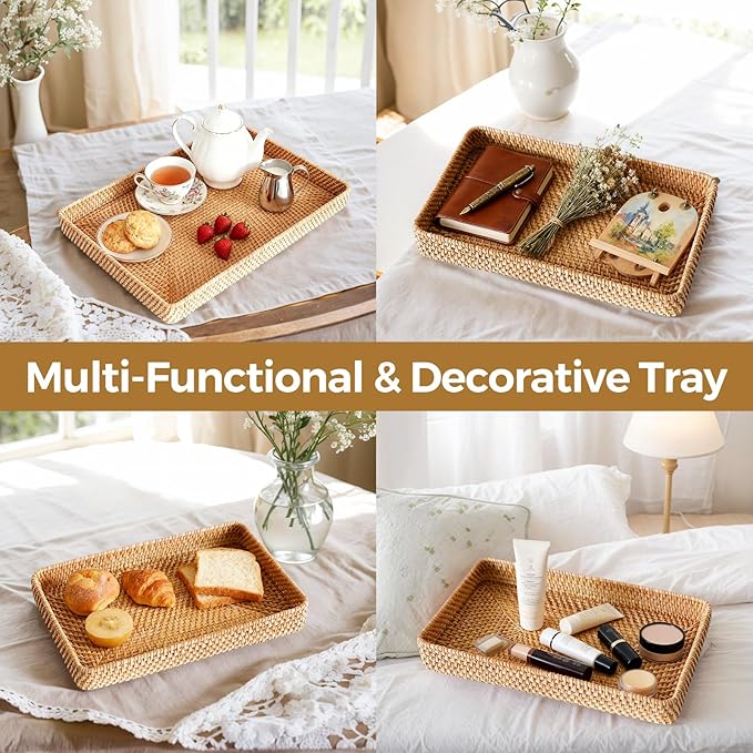 Rattan Serving Tray, Woven Wicker Rectangle Tray Shallow Basket for Organizing, Rattan Baskets for Coffee Table, Kitchen Counter, Bathroom, Organizing and Storage (14.6 x 9.1 inch)