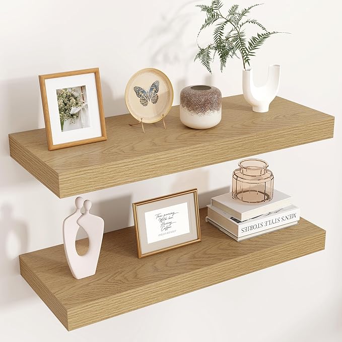Floating Shelves for Wall, Engineered Wood Wall Shelves with Invisible Brackets for Living Room Bedroom Bathroom Office Kitchen Decor and Storage (Oak, 24" W x 9" D x 1.5" H) Set of 2