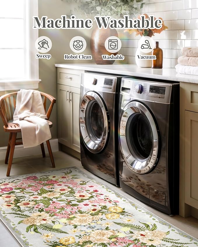 AREAMAY Floral Washable 5x7 Area Rugs - Living Room Rug Non Slip Low Pile Stain Resistant Carpets Indoor Vintage Flower Print Rug for Bedroom Dining Room Kitchen Home Office, Grey