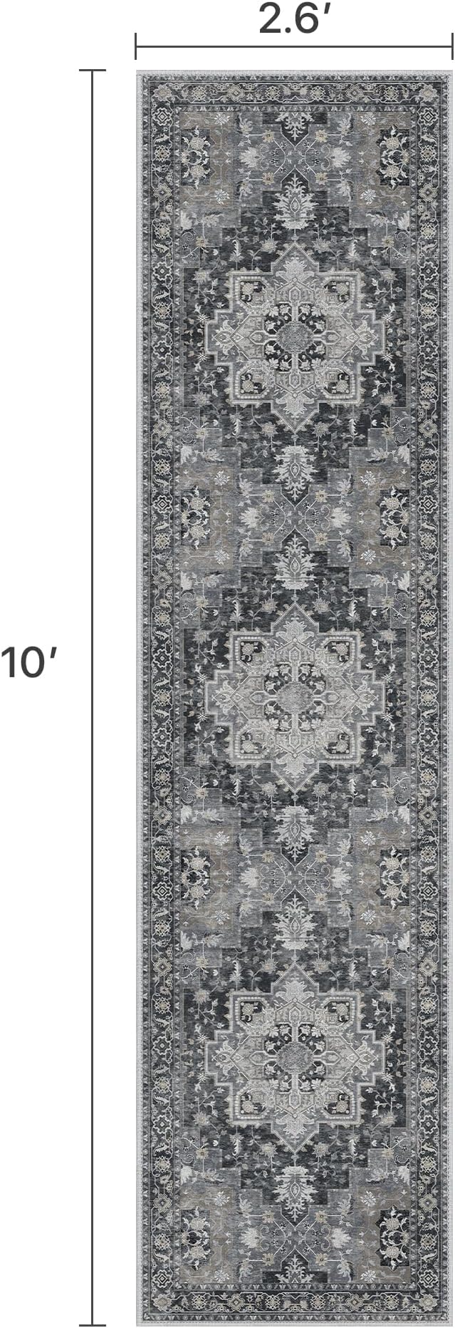 BESBLEE Runner Rug 2'6''x10, Machine Washable Runners, Non Slip Vintage Hallway Runner Rugs, Low Pile Lightweight Mat for Entryway, Hallway, Kitchen and Corridor, Dark Gray