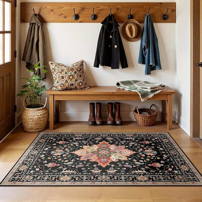 RELEANY Area Rugs 3'x5' Washable Non-Slip, Floral Vintage Distress Print Pattern Medallion Carpet for Living Room Bedroom Dining Room, Black Colorful Floral Dark Tan