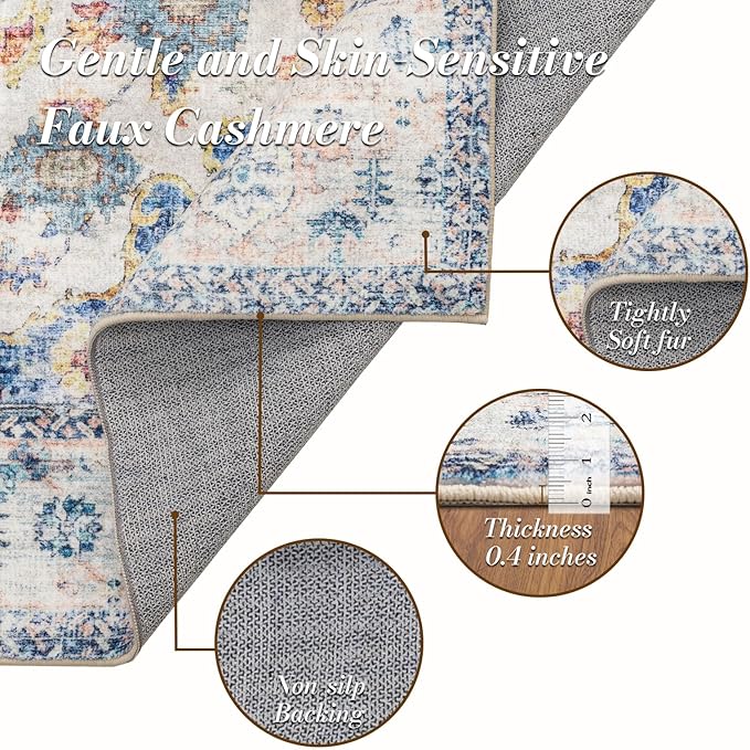 Domitapis Area Rug 3×5, Vintage Boho Rug,Ultra-Soft Low Pile, Washable, Non Slip,Stain Resistant Printed Carpet for Living Room Bedrooms Playroom Office Kitchen, Blue/Red