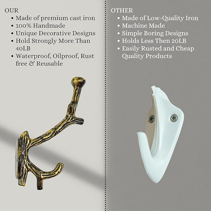Set of 3 Cast Iron Tree Branch Shape Coat Hooks Wall Art Decor-Branch Shape Hangers and Key Holder-Clothes Rack and Backpack Hanger-Coat Hooks Home Decor for Storage,Living (Brass Antique)