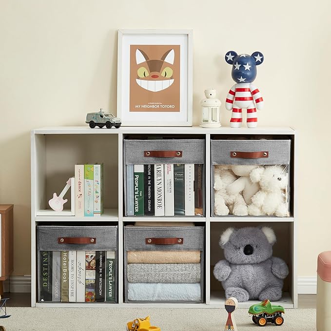 Storage Cubes Storage Organizer with Clear Window, Linen Collapsible Storage Bins with PU Handles, Cube Storage Basket for Shelves, Closet, Cabinet, Bookcase (13x13x13, Gray)