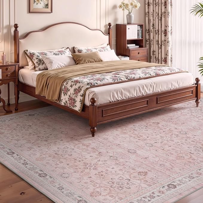 MontVoo-Vintage Area Rug 6X9 Pink Rugs for Living Room-Soft Distressed Printed Rugs for Bedroom-Non Slip Carpet-Machine Washable Rug for Dining Room Living Room Bedside Office